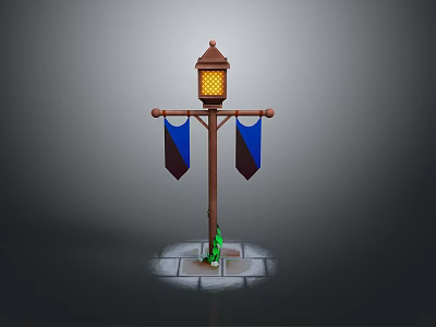 Medieval Street Lamp With Hanging Lantern And Blue Banners On Stone Pavement 3d model