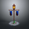 Medieval Street Lamp With Hanging Lantern And Blue Banners On Stone Pavement