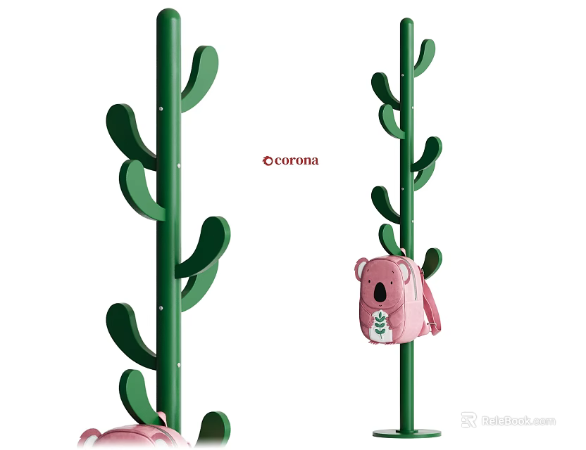 Green Cactus Shaped Coat Rack With Pink Bear Backpack For Home Decor 3d model