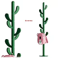 Green Cactus Shaped Coat Rack With Pink Bear Backpack For Home Decor 3d model