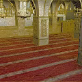 Cartoon Mosque Interior Scene With Red Striped Carpets White Patterned Pillars And Hanging Chandeliers
