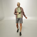 Man Wearing Brown Jacket Green Striped Shirt Gray Shorts With Camera Walking