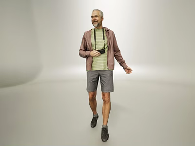 Man Wearing Brown Jacket Green Striped Shirt Gray Shorts With Camera Walking 3d model