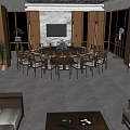 Chinese Style Private Room Interior With Wooden Decor Dining Table Sofa And Ceiling Lights 3d model