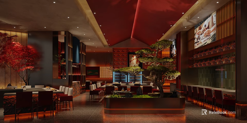 Elegant Restaurant Interior With Red Ceiling Green Plants Dining Area And Decorative Wall 3d model 