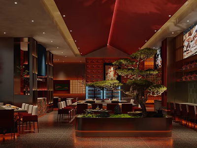 Elegant Restaurant Interior With Red Ceiling Green Plants Dining Area And Decorative Wall 3d model