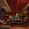Elegant Restaurant Interior With Red Ceiling Green Plants Dining Area And Decorative Wall 3d model