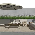 Cozy Light Gray Outdoor Sofa With Wooden Coffee Table Beige Umbrella And Green Plants