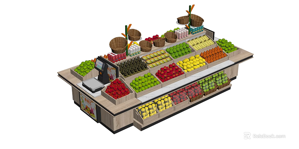 Fruit Display Shelves With Various Fresh Fruits And Baskets For Supermarket Use 3d model 
