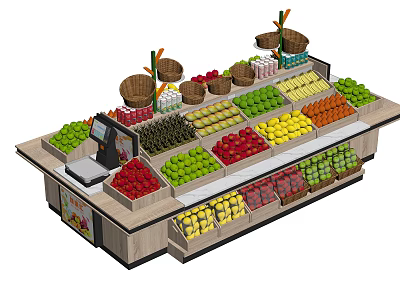 Fruit Display Shelves With Various Fresh Fruits And Baskets For Supermarket Use 3d model