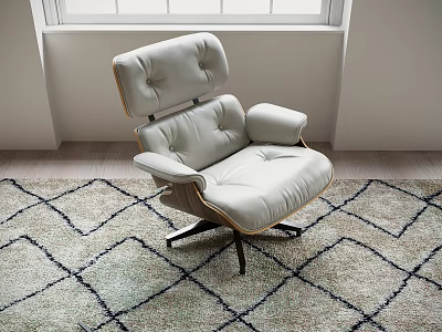 Modern Light Gray Leather Lounge Chair With Wooden Frame On Patterned Area Rug 3d model