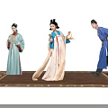 Three Ancient Chinese Figures In Traditional Costumes Performing Cultural Scene