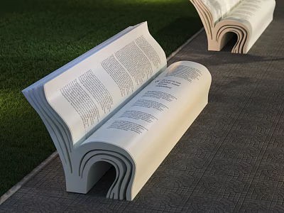 White Book Shaped Outdoor Chair With Text Details In Garden Outdoor Space 3d model