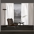 White Minimalist Curtains in Bright Living Room with Large Window Beige Chair and Floor Lamp