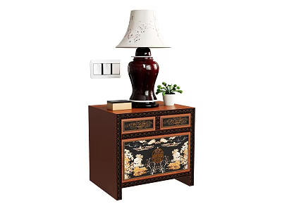 Brown Bedside Table with Floral Carved Drawers Vase Shaped Lamp and Small Potted Plant 3d model