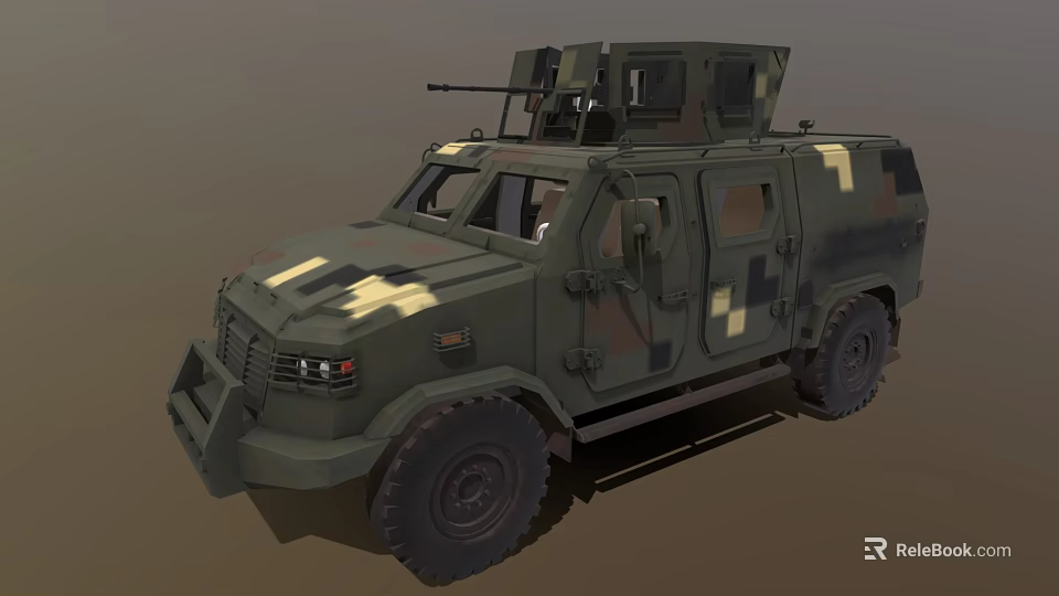 Military Armored Vehicle With Camouflage Paint Roof Mounted Weapon Yellow Stripes And Armored Structure 3d model 