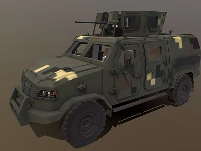 Military Armored Vehicle With Camouflage Paint Roof Mounted Weapon Yellow Stripes And Armored Structure 3d model