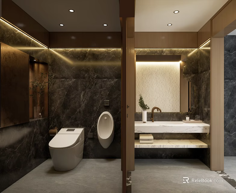 Public Restroom Modern Interior Design With Marble Walls White Toilet Urinal And Washbasin 3d model 