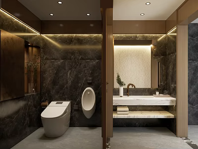 Public Restroom Modern Interior Design With Marble Walls White Toilet Urinal And Washbasin 3d model