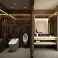 Public Restroom Modern Interior Design With Marble Walls White Toilet Urinal And Washbasin