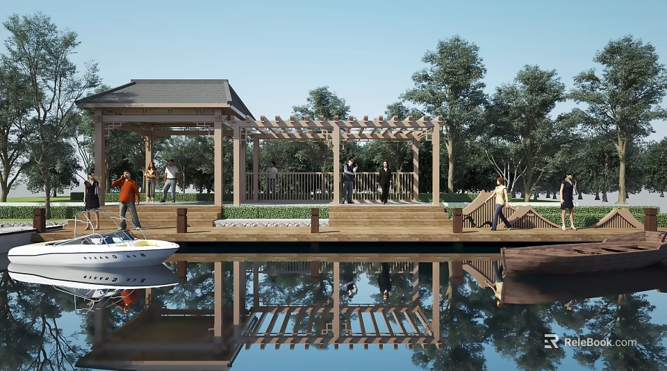 Scenic Lakeside Wooden Pavilion Pergola With Water Reflection People Walking And Boat 3d model 