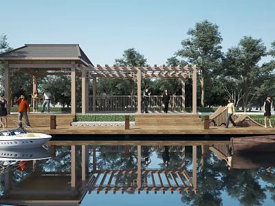 Scenic Lakeside Wooden Pavilion Pergola With Water Reflection People Walking And Boat 3d model