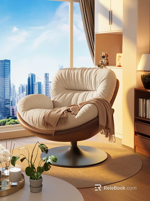 Cozy Beige Single Sofa With Blanket By Window Overlooking City View And Bookshelf 3d model 