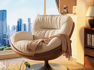 Cozy Beige Single Sofa With Blanket By Window Overlooking City View And Bookshelf 3d model