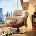 Cozy Beige Single Sofa With Blanket By Window Overlooking City View And Bookshelf