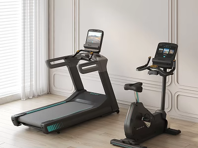 Sports Equipment Treadmill And Exercise Bike With Digital Screens In Modern Indoor Space 3d model