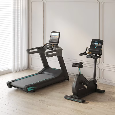Sports Equipment Treadmill And Exercise Bike With Digital Screens In Modern Indoor Space 3d model