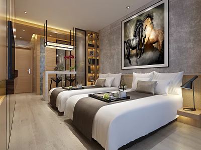 Modern Hotel Guest Room with Twin Beds Horse Painting and Wooden Flooring 3d model