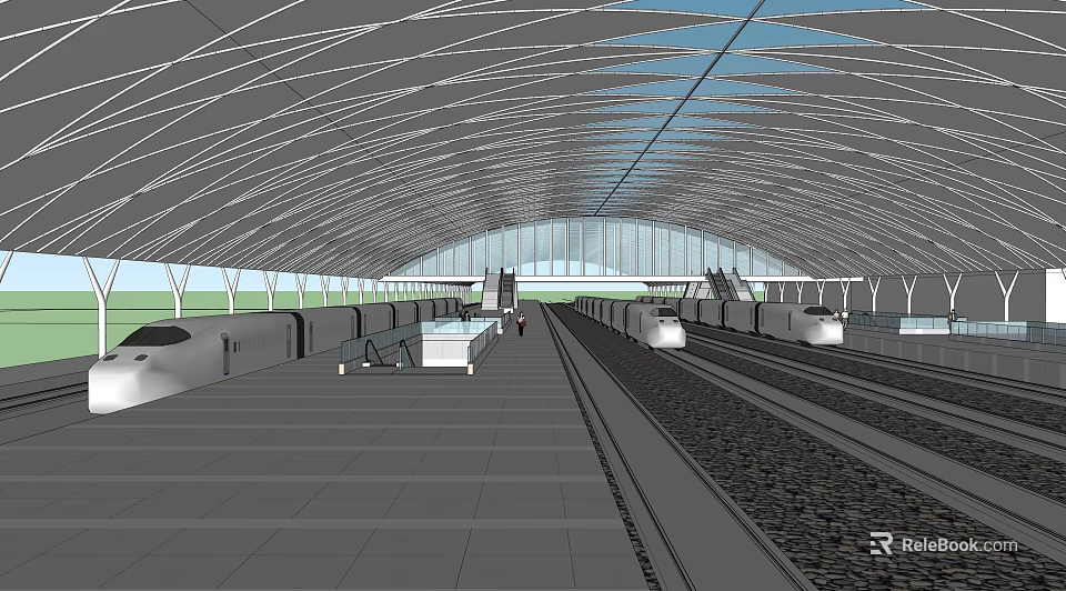 Modern Train Station Interior With Arched Roof Transparent Glass Platforms And Tracks 3d model 