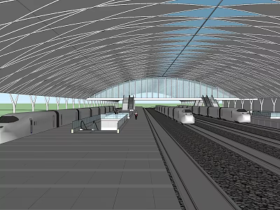 Modern Train Station Interior With Arched Roof Transparent Glass Platforms And Tracks 3d model