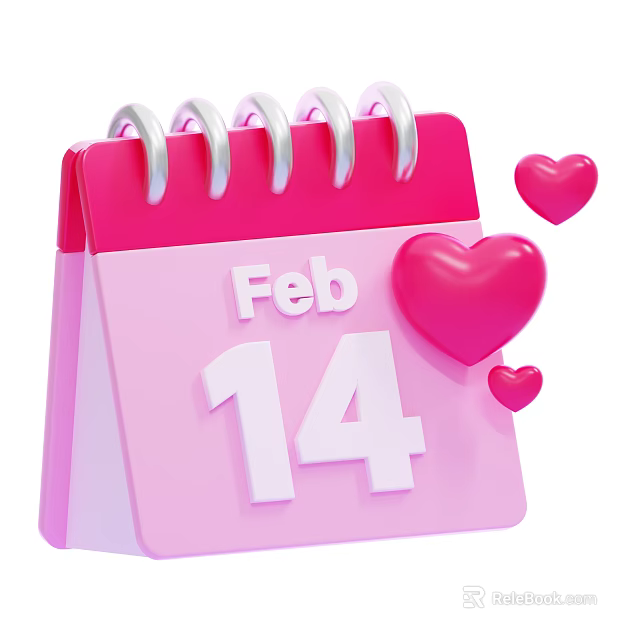 Pink Decorative Ornament Set With Calendar February 14 And Heart Accents 3d model 