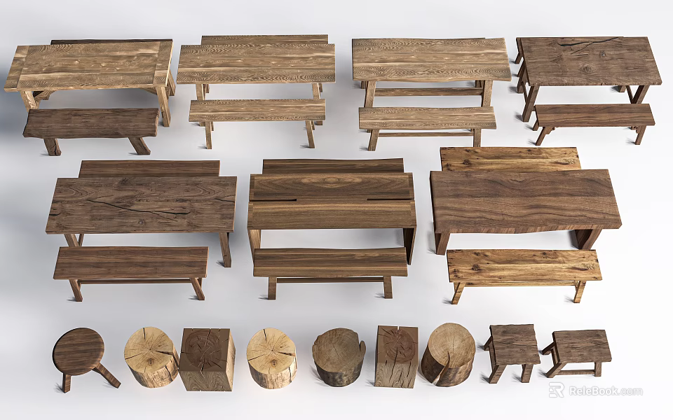 Various Styles Wooden Table And Chair Sets With Different Sizes And Round Stools 3d model 