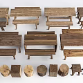 Various Styles Wooden Table And Chair Sets With Different Sizes And Round Stools