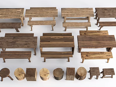 Various Styles Wooden Table And Chair Sets With Different Sizes And Round Stools 3d model