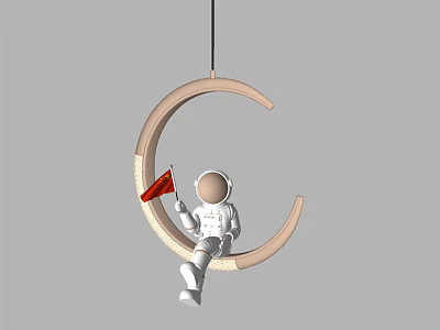 Hanging Circular Chandelier With Sitting Astronaut Figure And Red Flag Decor 3d model