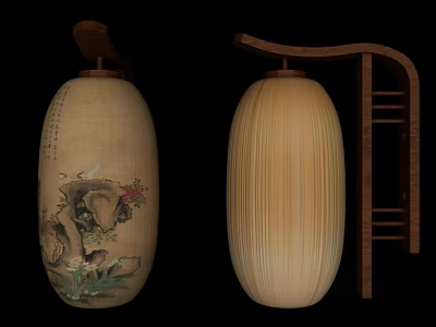 Japanese Style Wall Lamps Featuring Hand Painted Design Striped Bamboo Texture And Wooden Stand 3d model