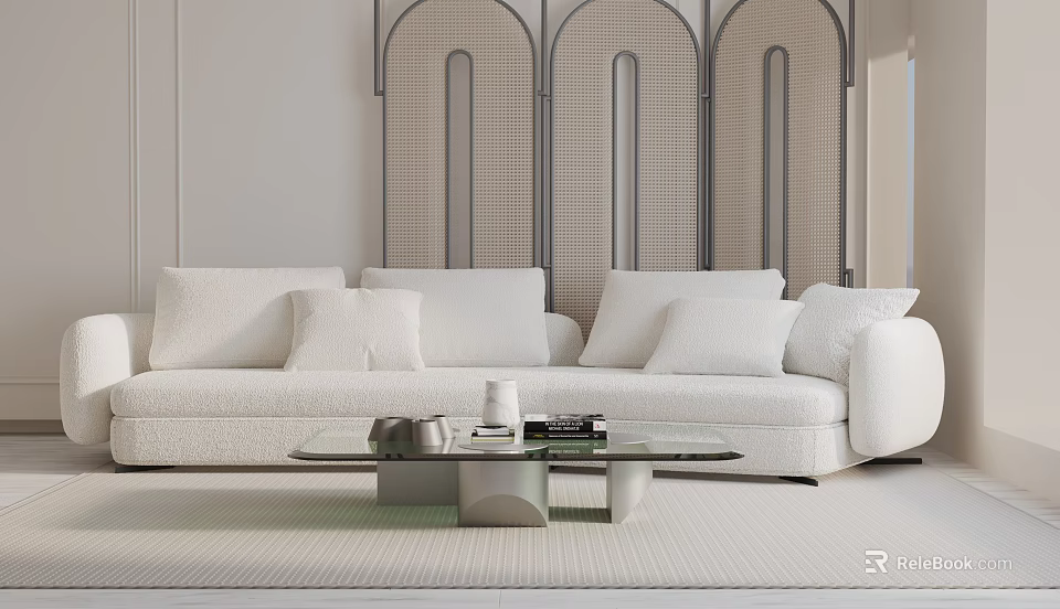 Modern White Three Seater Sofa Living Room With Cushions Coffee Table And Decorative Screen 3d model 