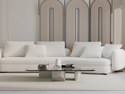 Modern White Three Seater Sofa Living Room With Cushions Coffee Table And Decorative Screen 3d model