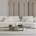 Modern White Three Seater Sofa Living Room With Cushions Coffee Table And Decorative Screen
