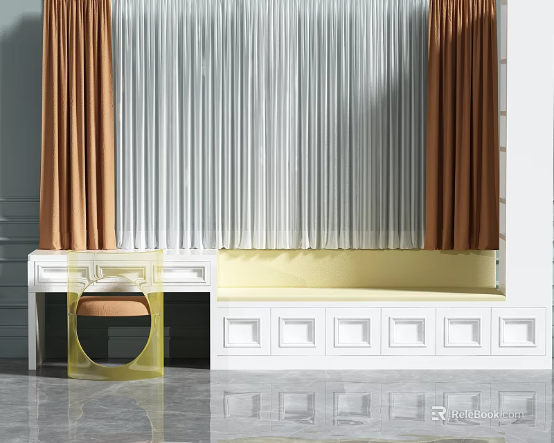 Modern Bay Window with Yellow Cushion Orange White Curtains White Cabinetry Square Panels Reflective Floor 3d model 