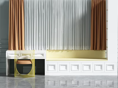 Modern Bay Window with Yellow Cushion Orange White Curtains White Cabinetry Square Panels Reflective Floor 3d model