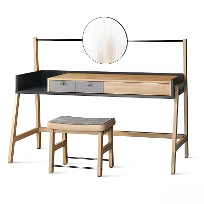 Modern Wooden Dressing Table With Round Mirror Drawers And Matching Gray Cushioned Stool 3d model