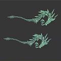 Fantasy Spiked Weapons With Curved Design And Green Blue Decorative Details