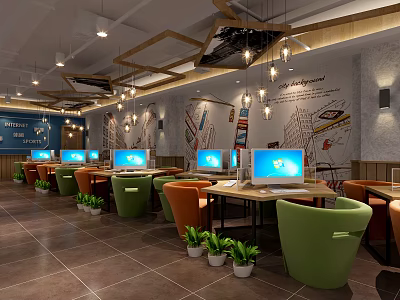 Modern Internet Cafe Interior With Computers Comfortable Chairs And Green Plants 3d model