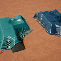 Green And Red Fabric Covered Building Components Placed On Brown Ground Surface 3d model