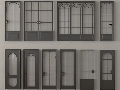 Dark Gray Wooden Doors With Various Glass Panel Designs And Metal Handles 3d model